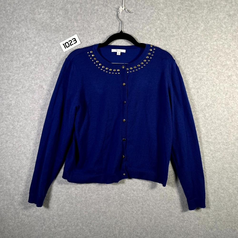 89th + Madison Cardigan Sweater Womens Medium Blue Beaded Long Sleeve Ribbed Hem